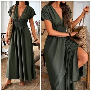 New Chic Plunge Wide Waist Split Maxi Dress Olive Green